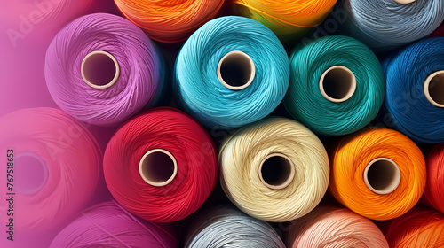 Spools of colorful yarn arranged in a pattern, textile industry