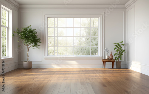 sunlit empty room with a growing flower. indoor modern interior