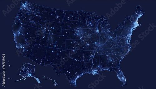 Illuminated map of the United States at night - Glowing connections across the United States depicted on a night map highlighting the interconnectedness of society photo