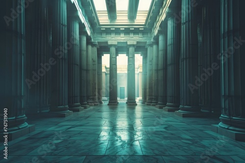 Majestic columns in a neoclassical architecture hall - This image showcases a grand hallway lined with towering columns, reflecting a neoclassical architectural style photo