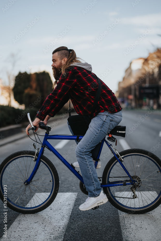 Bearded businessman in casual attire riding a bicycle in an urban setting, symbolizing eco-friendly commuting and the flexibility of remote work.