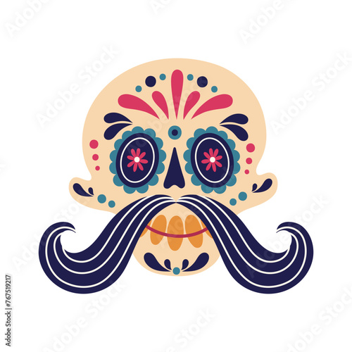 Funny sugar skull vector illustration. Human bald head with a painted floral ornament, gold teeth, curly mustache. Smiling face, Mexican mask for Cinco de Mayo, Day of the Dead. Flat cartoon doodle