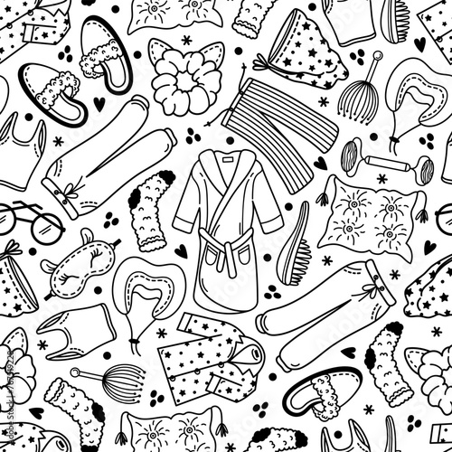 Sleep seamless vector pattern. Clothes, accessories for dream - pajamas, bathrobe, pillow, sleep mask, comb, massager. Bedtime, napping items. Self-care night routine. Hand drawn doodle background