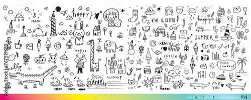 Vector illustration of Doodle cute for kid, Hand drawn set of cute doodles for decoration,Funny Doodle Hand Drawn, Summer, Doodle set of objects from a child's life,Cute animal