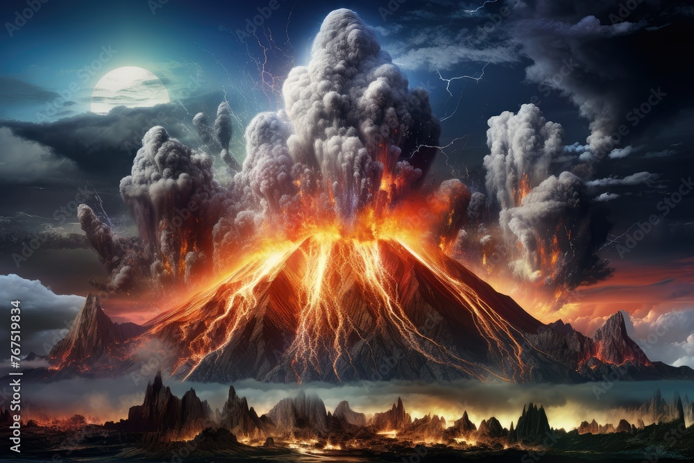 Volcanic Thunder Mountain. Volcanic eruption with fire lava emissions and dark smoke. a torrent of molten lava, illuminated by powerful bolts of lightning striking through the smoky sky.