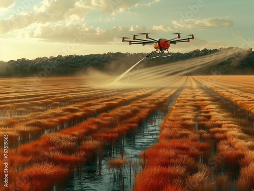 A drone is spraying a field with water. The drone is flying over a field of tall grass