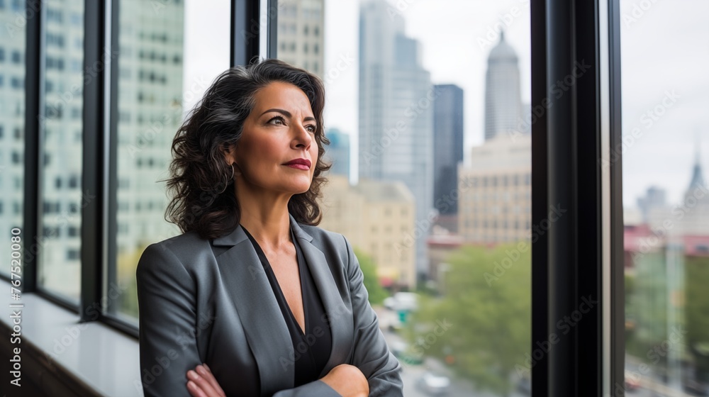 mature optimistic latina hispanic businesswoman woman female executive CEO in corporate modern office thinking contemplating and looking out window skyscraper cityscape daytime with room for text mature optimistic latina hispanic businesswoman woman female executive CEO in corporate modern office thinking contemplating and looking out window skyscraper cityscape daytime with room for text