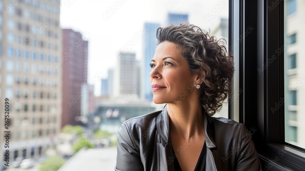 Fototapeta premium mature optimistic latina hispanic businesswoman woman female executive CEO in corporate modern office thinking contemplating and looking out window skyscraper cityscape daytime with room for text