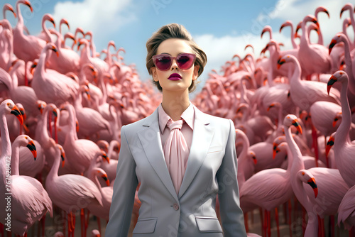 portrait of a beautiful business woman in glasses against the background of a flock of pink flamingos