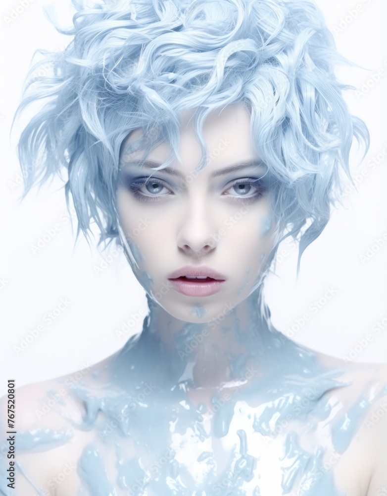 Photo conceptual of girl with her ice power and that's ice is covering her head and body. Generative AI.
