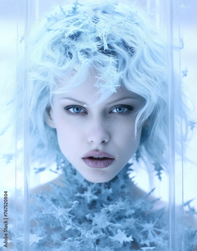 Photo conceptual of girl with her ice power and that's ice is covering her head and body. Generative AI.