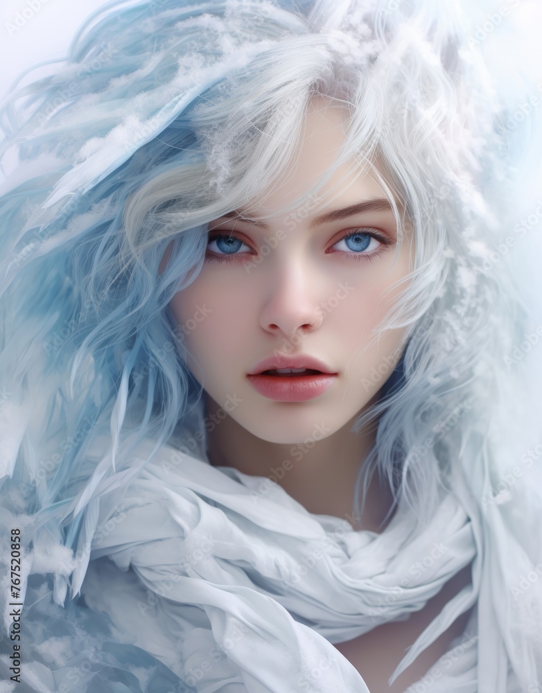 Photo conceptual of girl with her ice power and that's ice is covering her head and body. Generative AI.