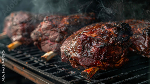 Close-up view of meat searing on a hot grill, with visible grill marks and steam rising from the cooking process.