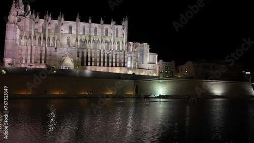 Palma de Majorca (Mallorca) Cathedral, Spain. Night view with an spectacular illumination. Hyperlapse walking right to left. 4K photo