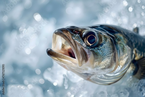 Close-up of a fish with an open mouth against an icy background, suitable for educational materials on fish or climate change. Concept Fish Close-up, Open Mouth, Icy Background