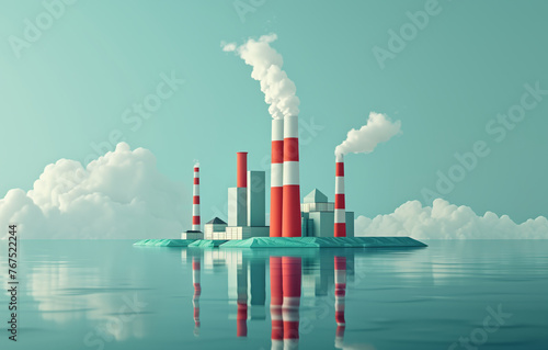 A small island with a large red and white power plant on it, Green energy