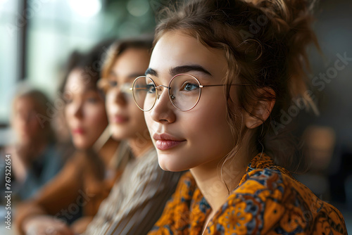 girl university student with glasses at a lecture. science and education