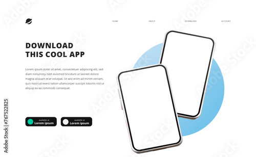page banner advertising for downloading app for mobile phone smartphone Download buttons template 3D cartoon perspective two floating phone