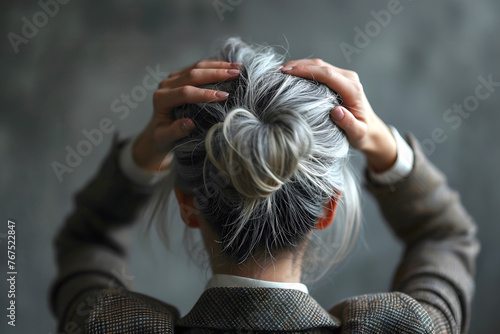 woman standing with her back holding her hands on her head
