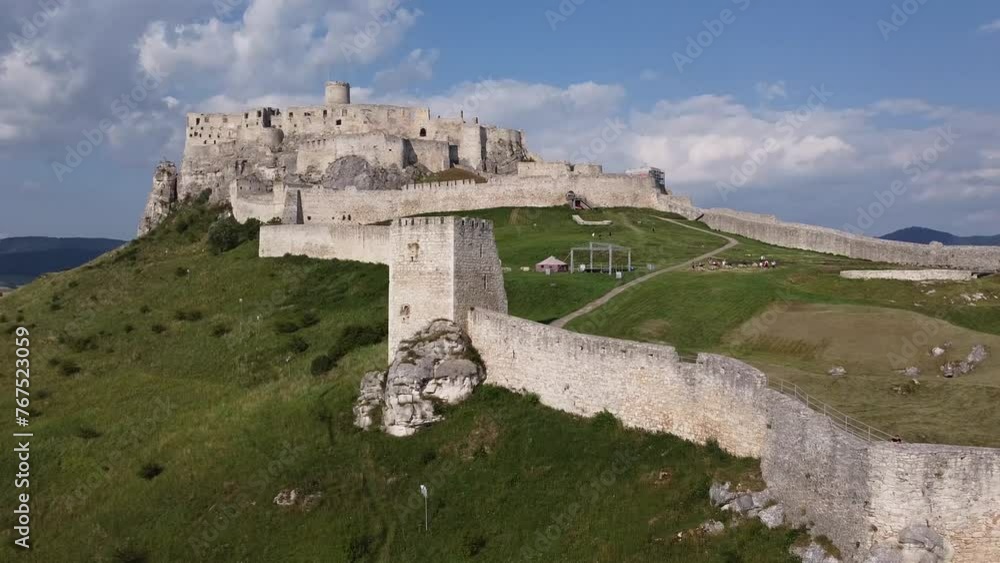 panoramic shot stone castle ruin on top a hill with high walls in europe panoramic shot stone castle ruin on top a hill with high walls in europe
