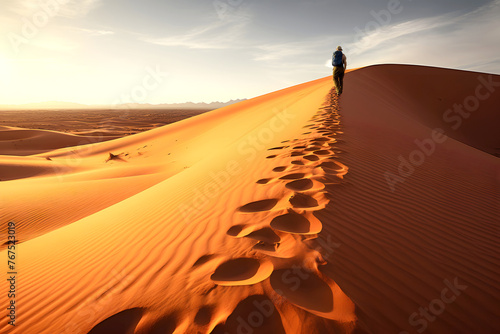silhouette of a lonely man walking along the sands of the desert dunes towards the sun. human life path concept