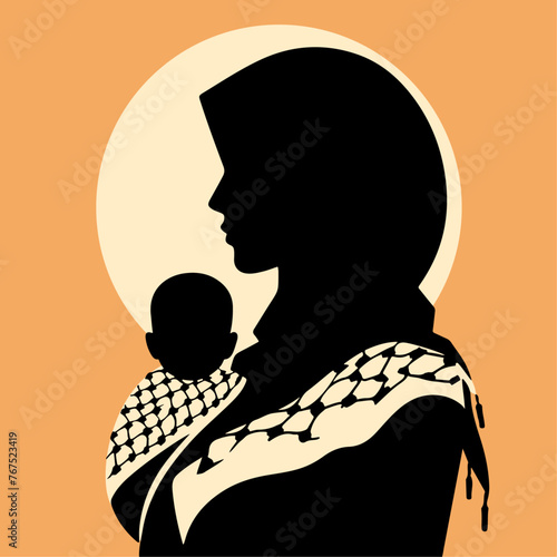 Silhouette of Love: A Palestinian Mother and Child Embracing, Captured in Elegant Black Silhouette Against a Flat Background.