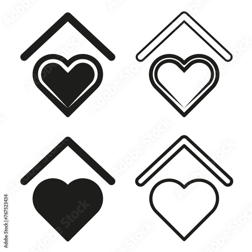 Collection of house with heart icons. Home love concept symbols. Real estate affection signs. Vector illustration. EPS 10.