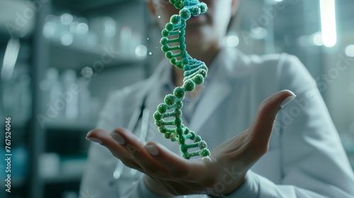 Man in Lab Coat Holding Stand of Green Beads
