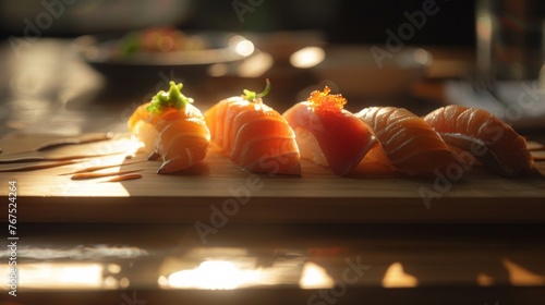 Dreamy sushi platter under soft light