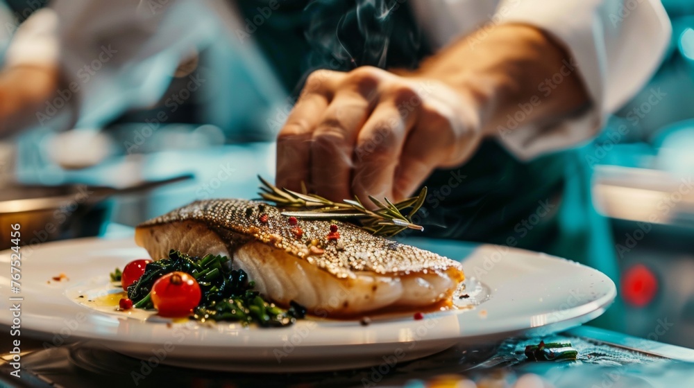 Elegant culinary experience featuring an upscale chef meticulously preparing an exquisite sea bass dish with top-tier expertise and presentation - obrazy, fototapety, plakaty 