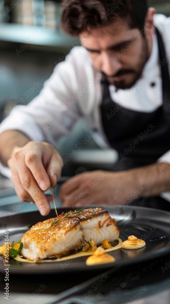 Exclusive culinary experience focusing on the refined preparation of a flounder delicacy by a professional chef