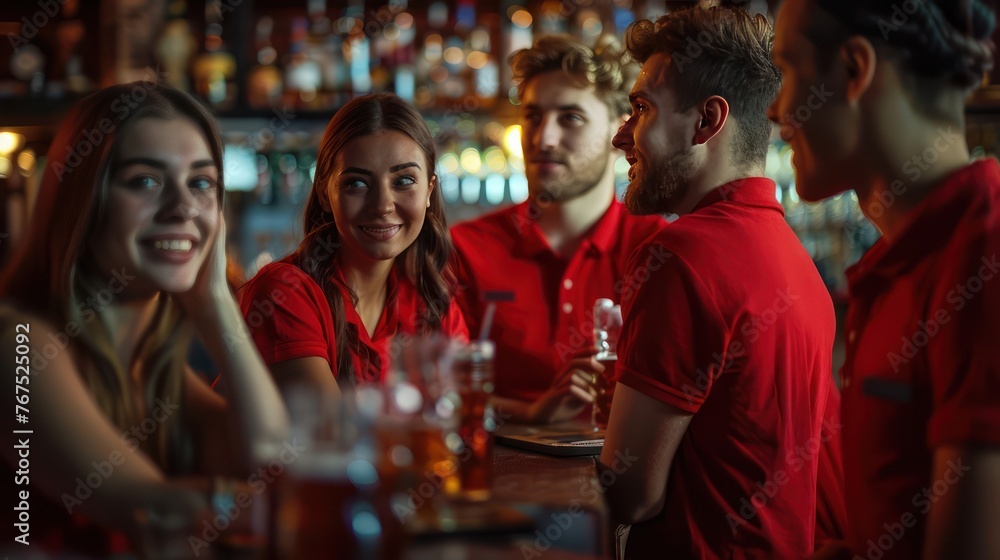 A group of four young people wearing red shirts and beer glasses in a bar looked like they were enjoying the competition.