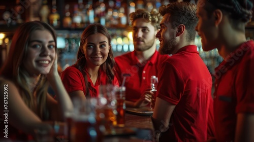 A group of four young people wearing red shirts and beer glasses in a bar looked like they were enjoying the competition.