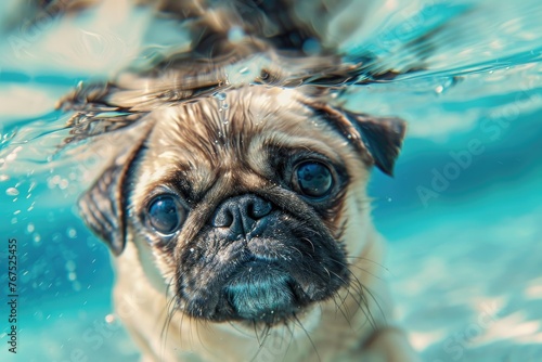 Adorable Pug Puppy Swimming Underwater - Captivating image showcasing a cute Pug puppy's underwater adventure, displaying exquisite details from the water's surface tension