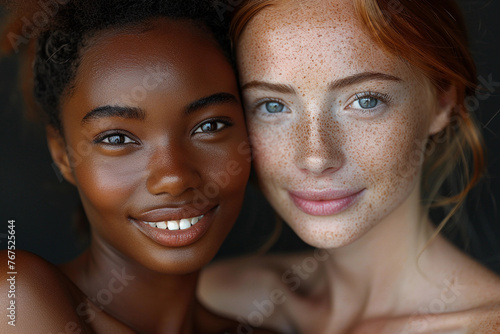 Close up fashion portrait two different races women hugging, black African American and white redhead with freckles touching their heads faces to each other diversity concept commercial advertising