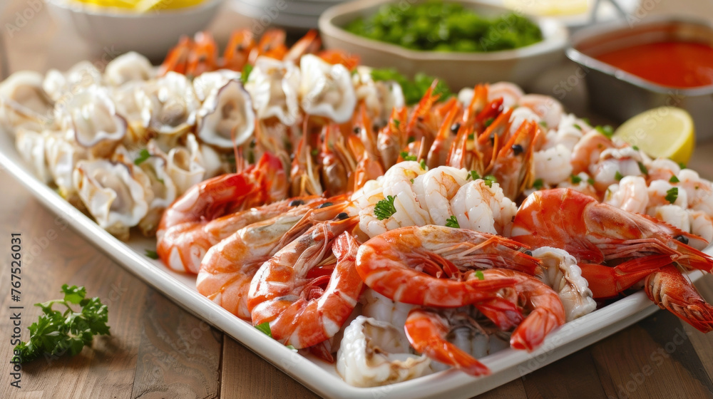 A platter filled with shrimp is displayed on a table, showcasing a delicious seafood dish. A platter filled with shrimp is displayed on a table, showcasing a delicious seafood dish.