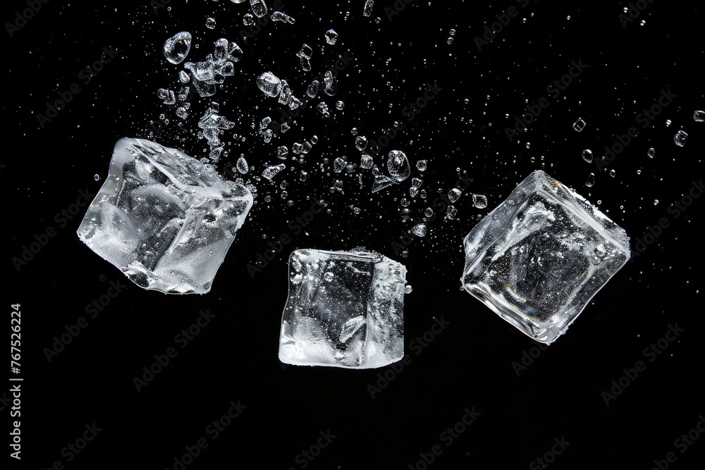 Obraz premium Ice cubes falling with water splashes on a black background.