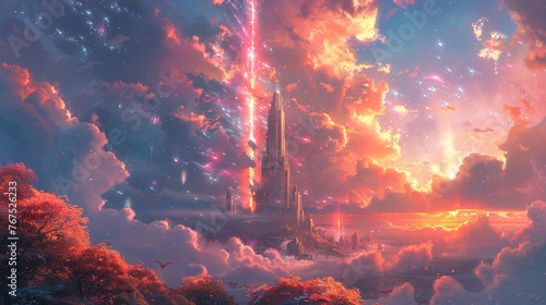 tower, fantasy, colorful, light show, anime photo