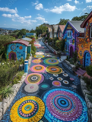 Capture the dynamic essence of street art murals with a high-angle view that brings out the vivid colors and intricate details Showcase the cultural messages and stories embedded in the artwork photo