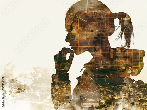 A woman is looking at the camera with her hand on her chin. The image is a silhouette of a woman with a cityscape in the background. Scene is contemplative and introspective