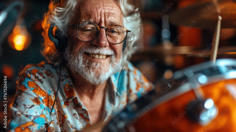 A white male drummer, aged 60, exudes joy while playing his drum set. Wearing headphones, he's fully immersed in his craft, his expression radiating happiness and passion for music.