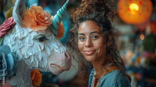 A woman is smiling in front of a unicorn made of paper photo