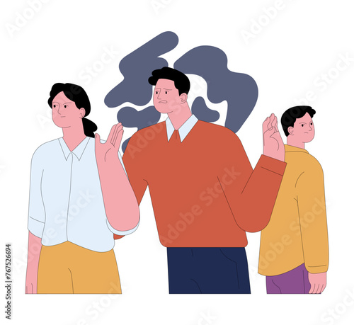 Fear of social rejection. Frightened young man getting a disapproval of society