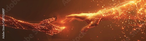Craft a visually striking graphic depicting a human hand reaching out to touch a glowing AI interface, signifying the emotional connection in symbiotic relationships Use warm tones and soft lighting t photo