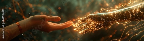Craft a visually striking graphic depicting a human hand reaching out to touch a glowing AI interface, signifying the emotional connection in symbiotic relationships Use warm tones and soft lighting t