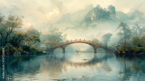 traditional village style chinese art green bridge over river with green tree, in the style of graphic design