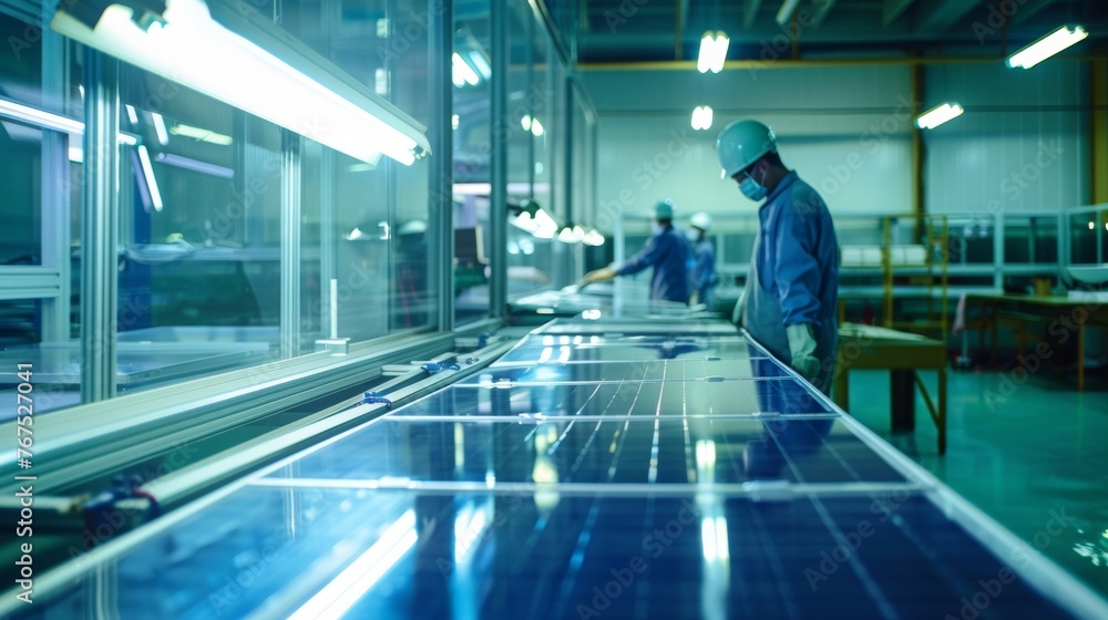 An image of a solar panel factory where workers handle sheets of advanced glasslike material used to construct the panels. . AI generation.