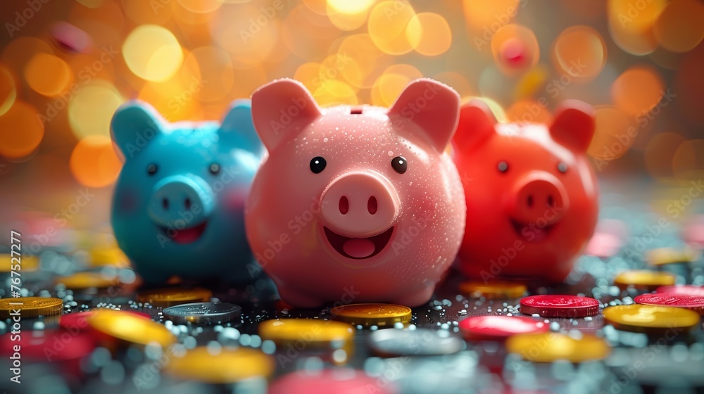 Fun finance learning, kids and piggy banks, graphic storytelling, bright Fun finance learning, kids and piggy banks, graphic storytelling, bright