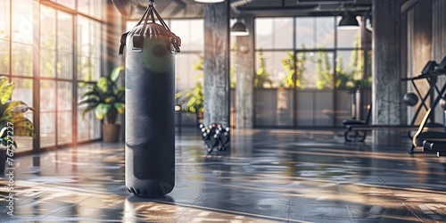 Boxing gym interior. Empty with punching bag hanging from ceiling  photo