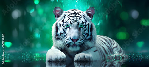 Bokeh beauty white tiger nine tails on defocused emerald green background, ai generative photo